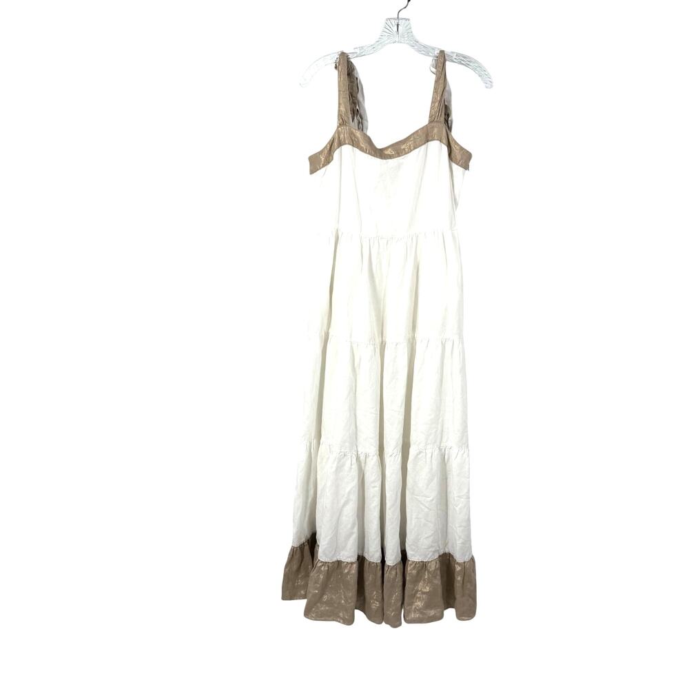 Emily McCarthy Tiered Maxi Dress M White Beige Metallic Tie Linen Blend Pockets